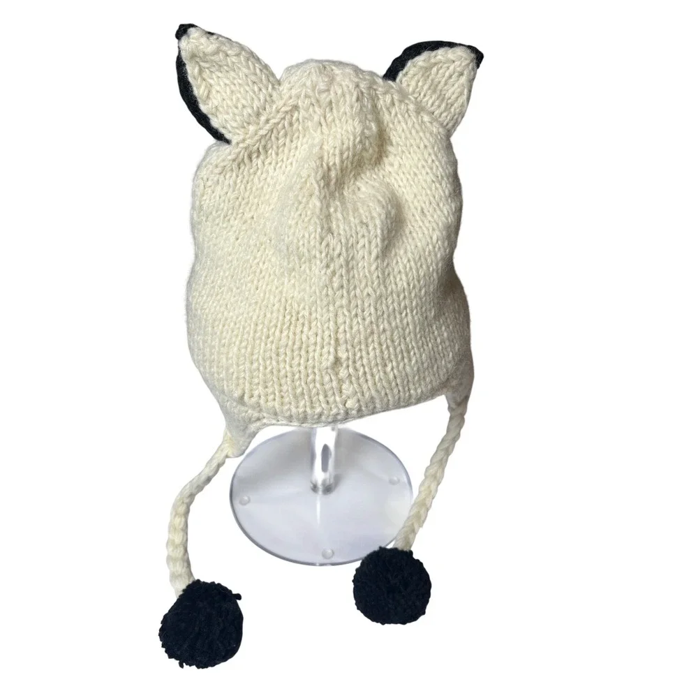 Raccoon‎ Nepal Wool Earflap Beanie Hat Hand Knit Cream Black Whimsical OS